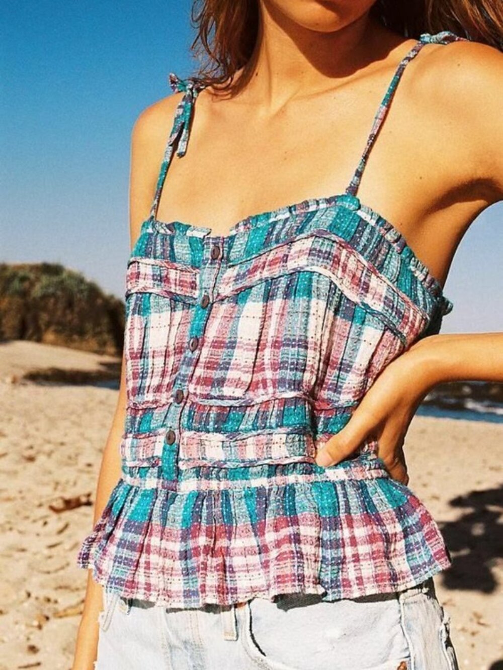 NWT Free People Women's Henrietta Tube Top Plaid Printed Button Smocked Small
